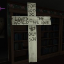 5. The next time we see a hint of Oscar, it's in the game's first secret passageway, connecting the parents' room with the library, where we find Lonnie and Sam's "treasure map." This small cross, with John 3:16 handwritten on it, adorns one of the walls, which are lined with advertisements for women's clothing. If we pick it up, the lightbulb in the passageway will burst. (Maybe Oscar does haunt this house.) That will make it impossible to see in the passageway, but players can carry it out in the library to more clearly inspect it.