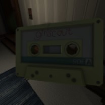 Entering the TV room, we find the first of what will ultimately be five cassette tapes in the game. Each cassette tape comes with a player near by, so you can pop it in and start listening. (If you see a tape player, that's a good indication that you should start looking for a cassette tape, as well.) Unlike Heavens to Betsy and Bratmobile, Girlscout is not a real Riot Grrrl band. It is Lonnie's fictional in-universe band.