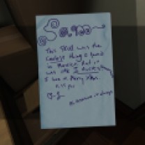 In the closet next to the dining room, you can find a package where Lonnie left a note for a skull she got Sam from Mexico.
